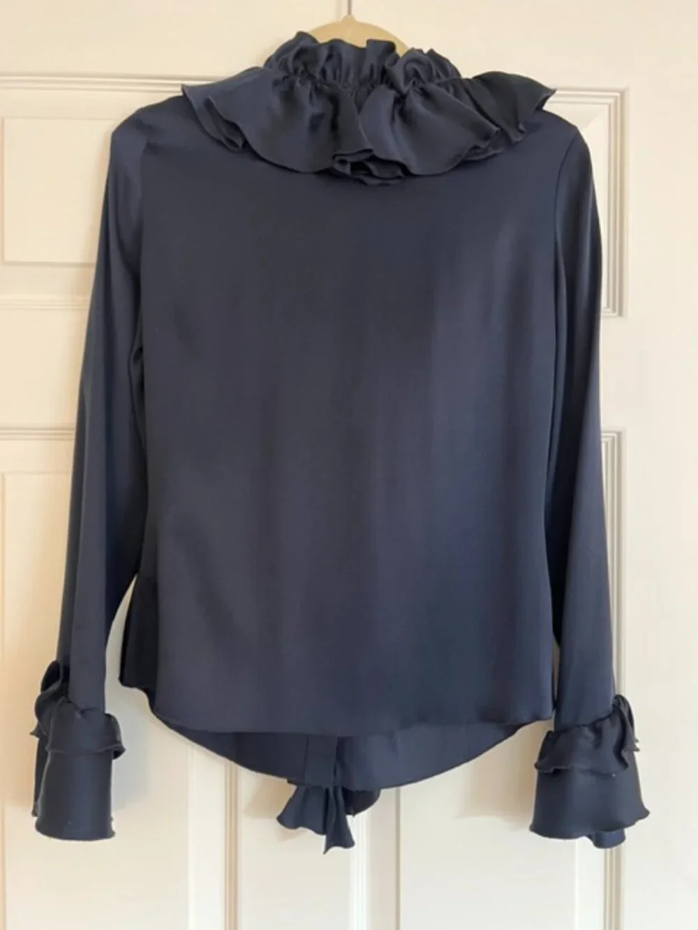 Tory Burch Vintage Navy Blue 100% Silk Waterfall Ruffle Blouse Size 2